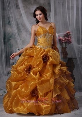 Brown Ball Gown Straps Organza Beading Quinceanera Dress